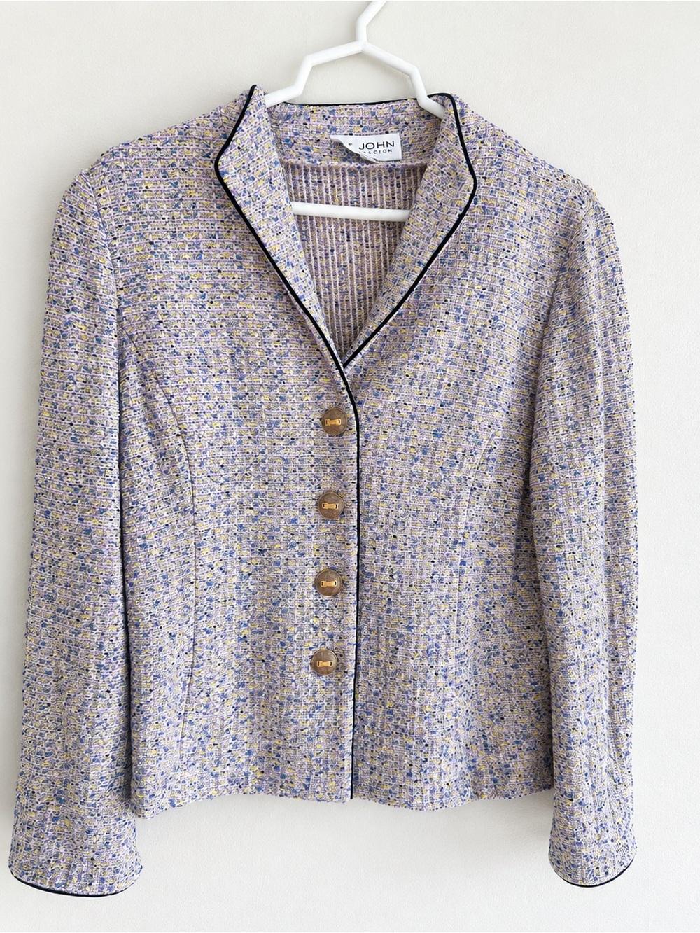 St. John Lavender Tweed Blazer with Black Piping